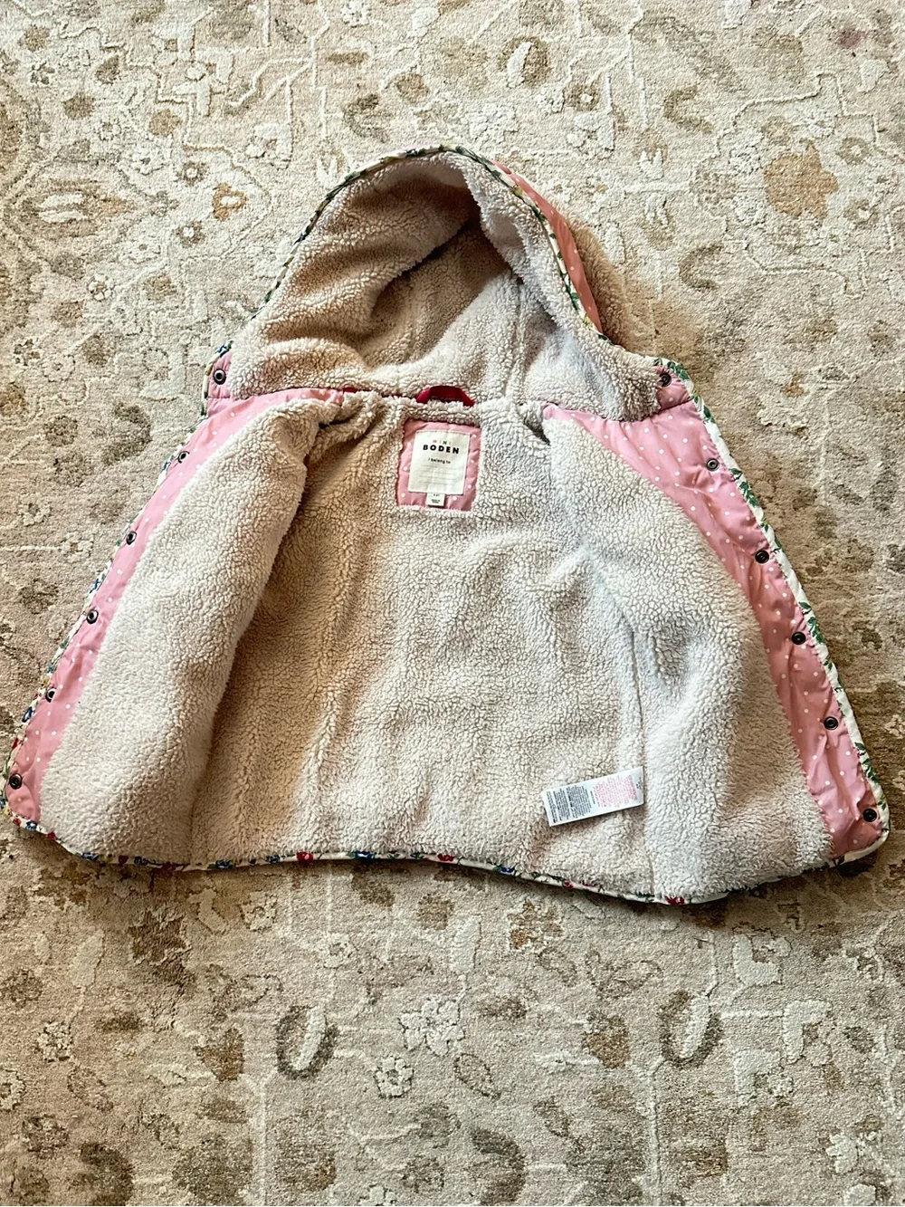 Mini Boden Bunny Ear Pink Polka Dot Puffer Coat Jacket with Hood sz 4-5T Sherpa